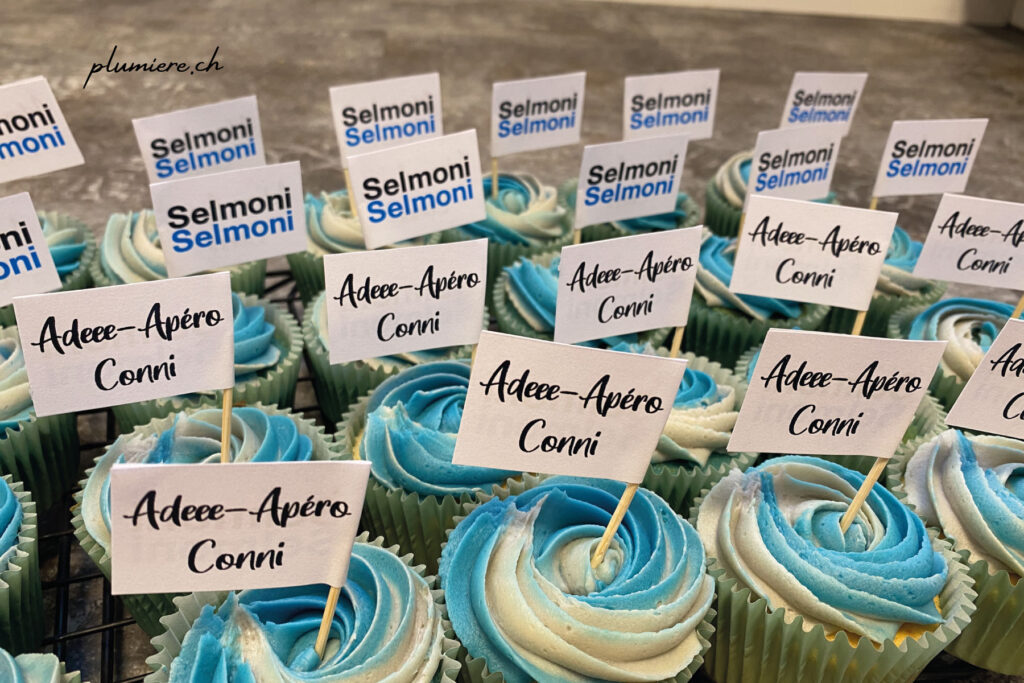 Selmoni Cupcakes in den Farben blau und weiss. Genau das, was sich Coni zum Abschieds Apero gewünscht hat